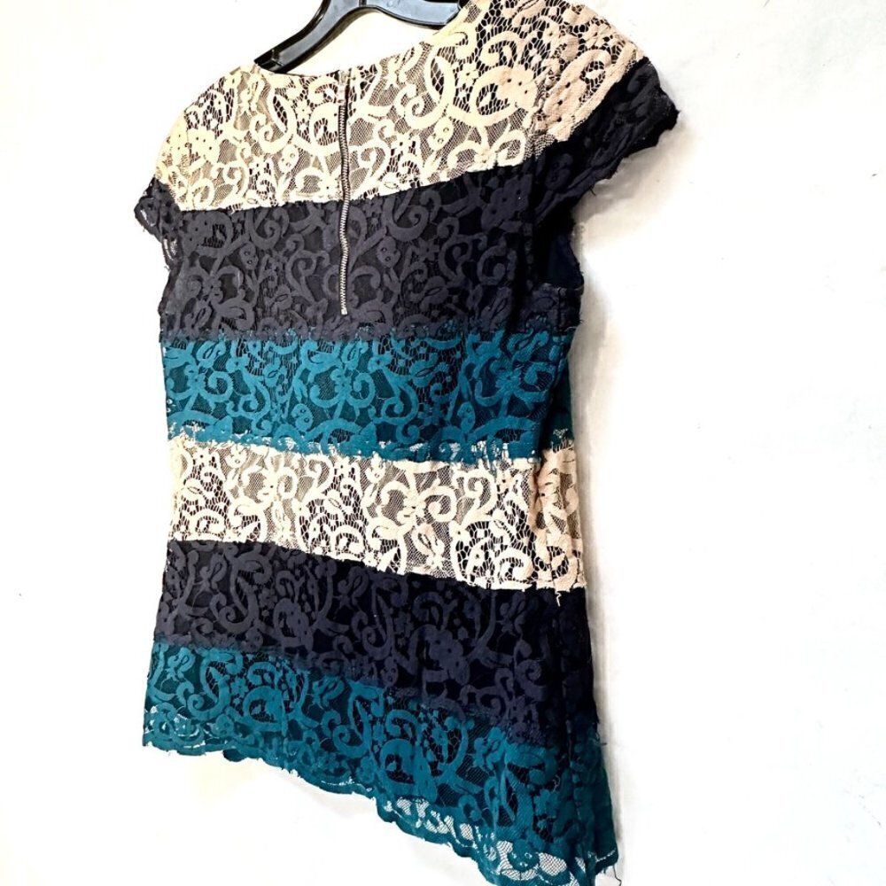 Ann Taylor XS Lace Top Black Teal Off-White Size Extra Small Short Sleeve Dressy - Picture 6 of 7